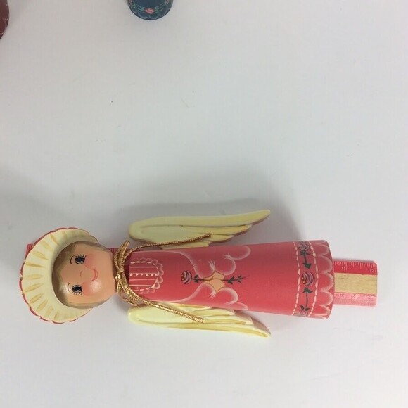 Wood Angel Vintage Hand Painted Folk Art Artist Signed Dated Figurine Set of 3 - Picture 6 of 9